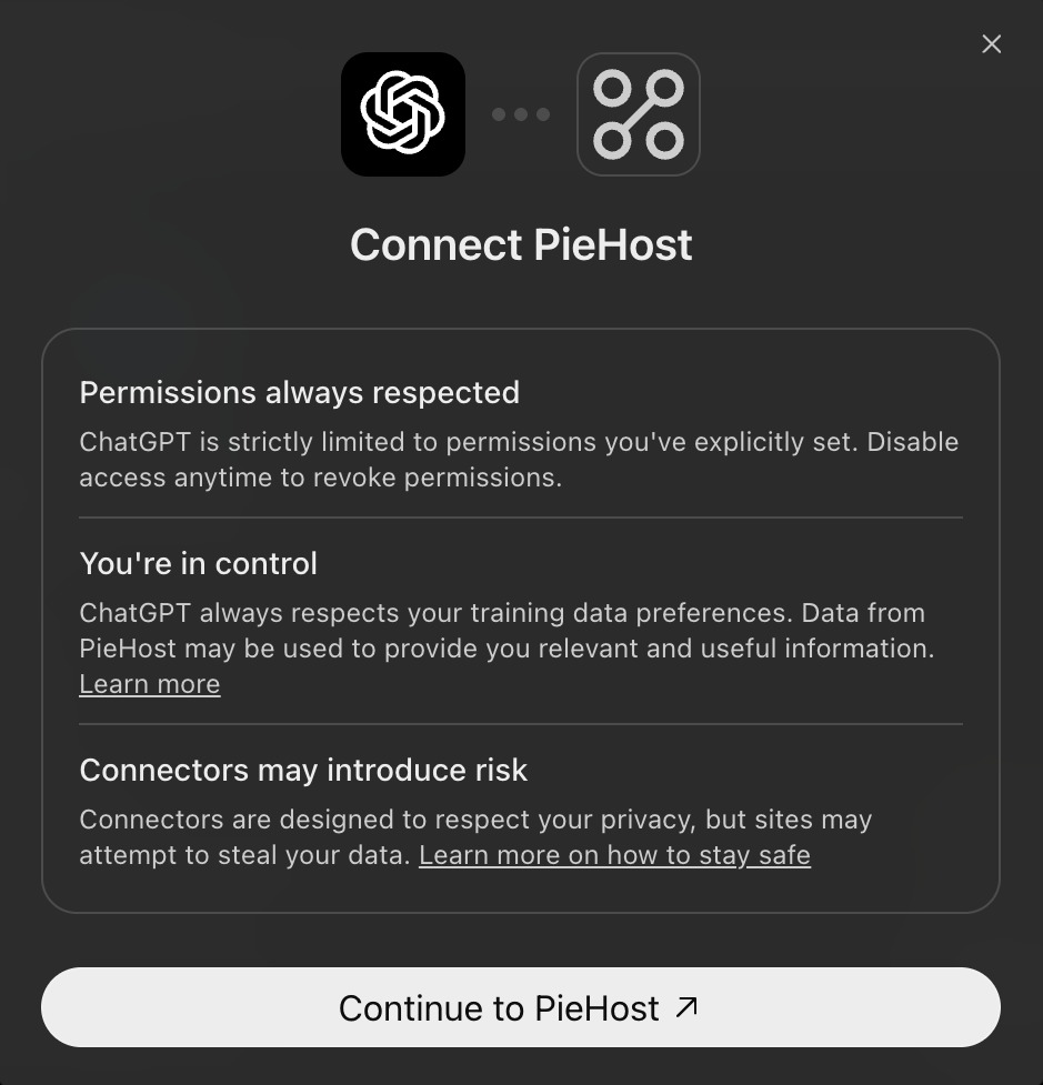 Connect PieHost consent modal