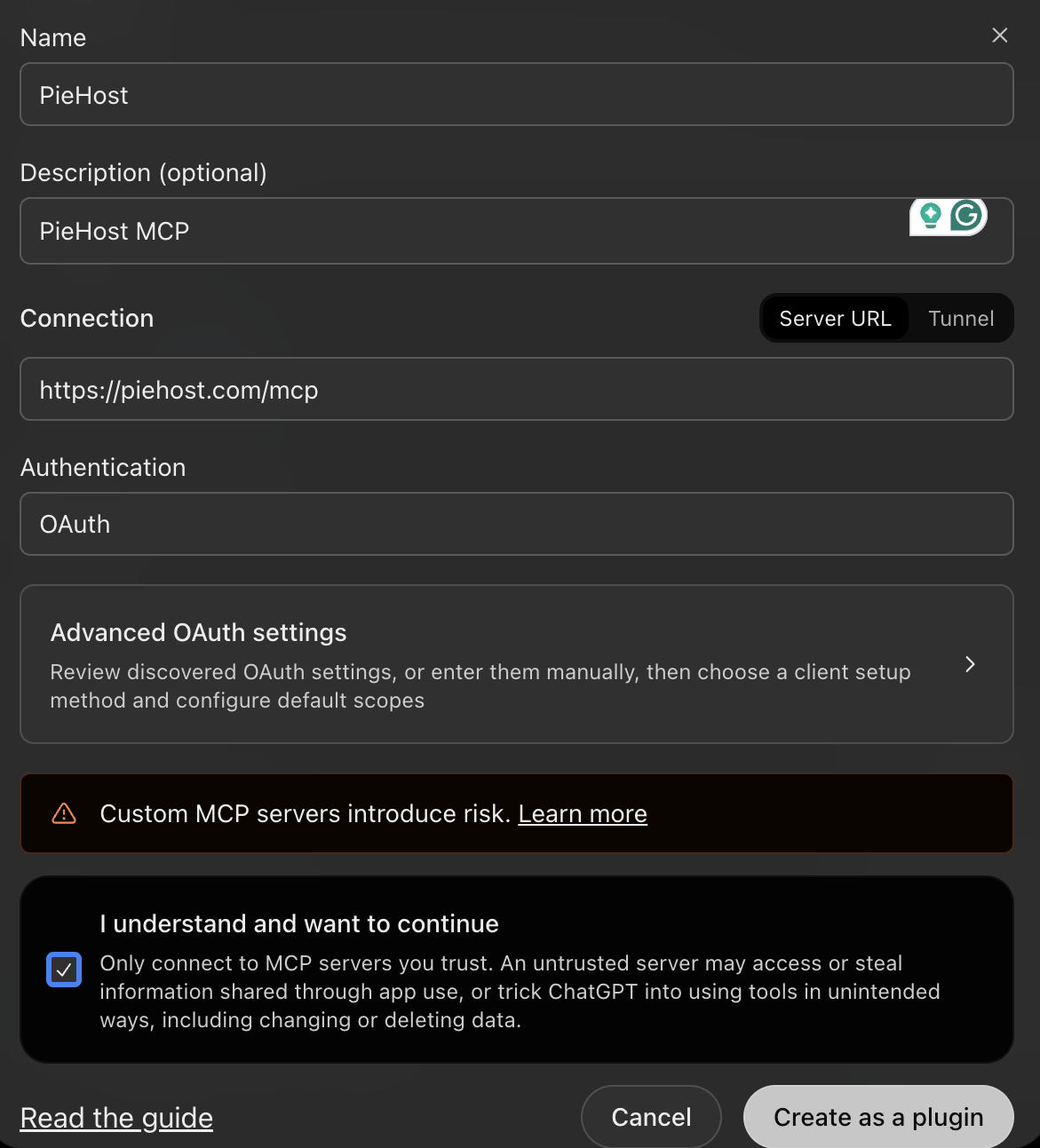 Custom MCP server form filled in with the Pie.host server URL