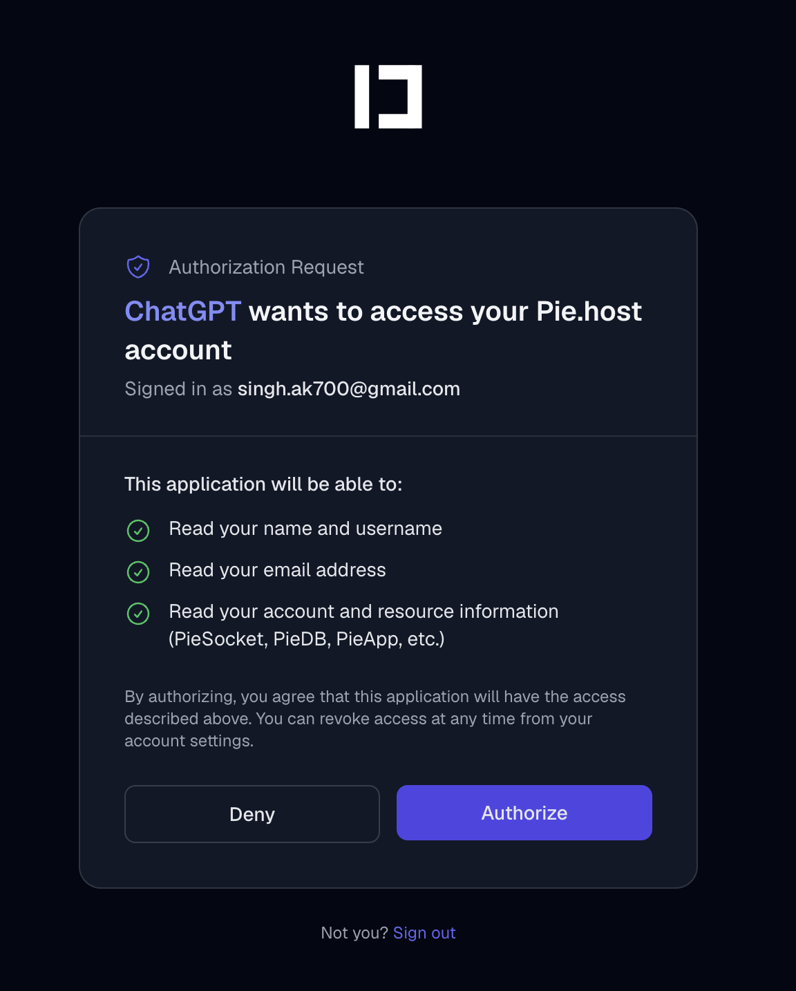 Pie.host OAuth authorization screen
