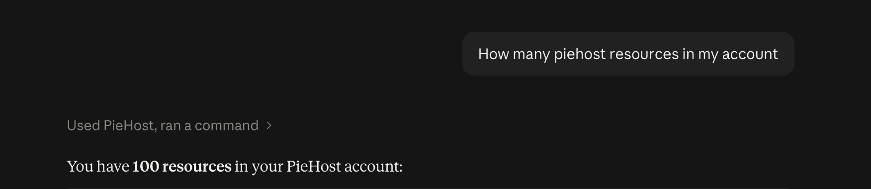 Claude answering a question using the PieHost connector