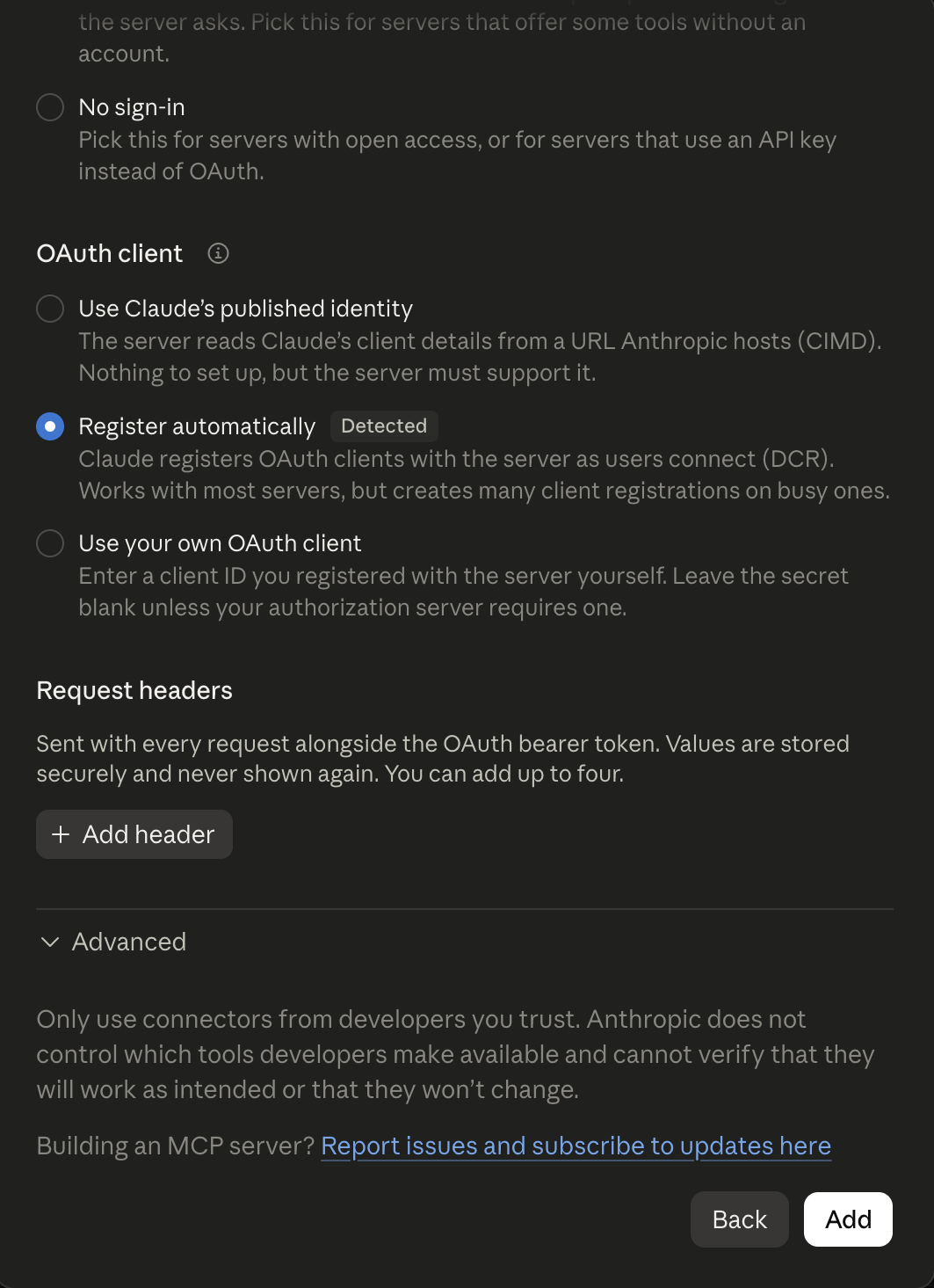OAuth client settings for the custom connector