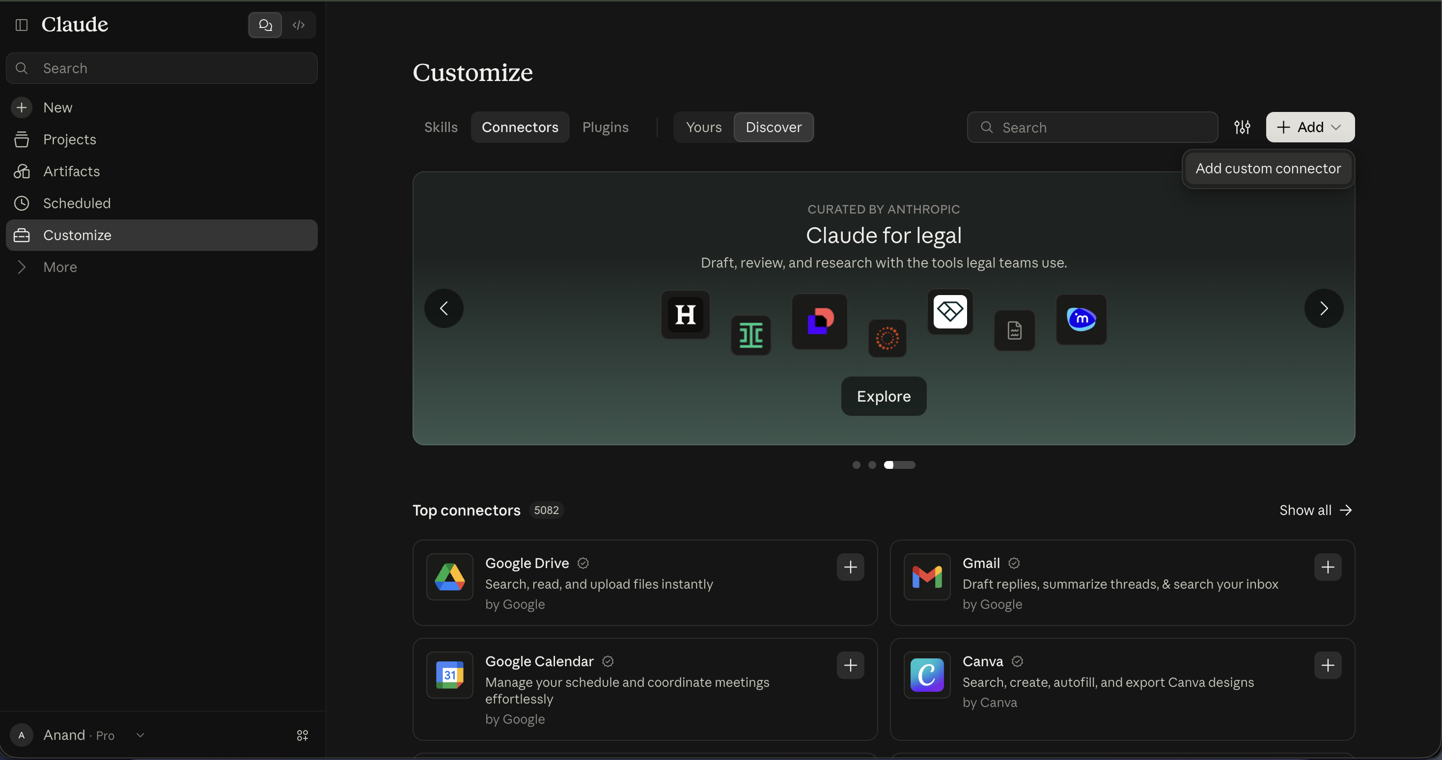 Customize Connectors tab with the Add dropdown open