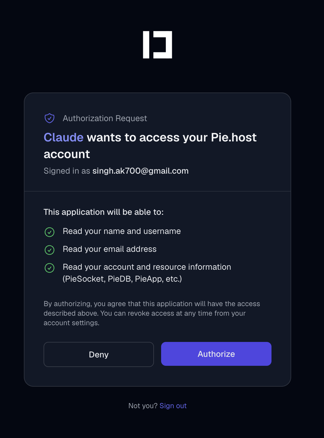 Pie.host OAuth authorization screen