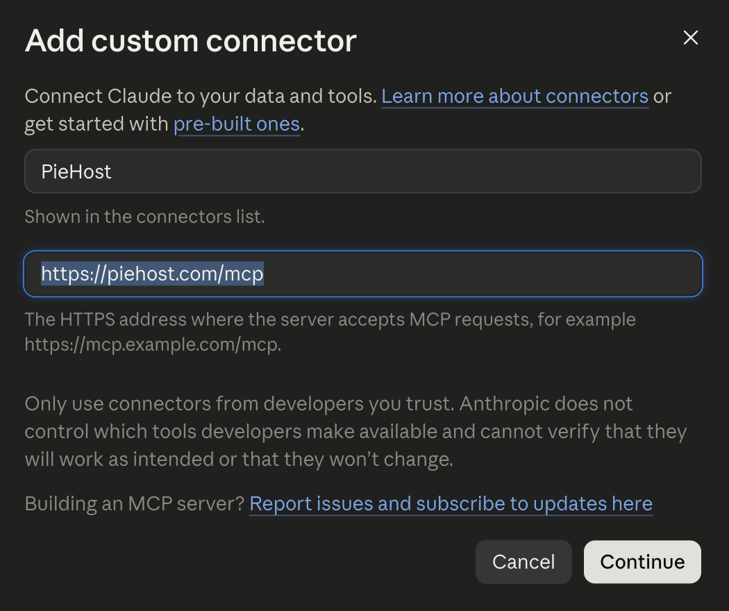 Add custom connector form with the Pie.host MCP URL